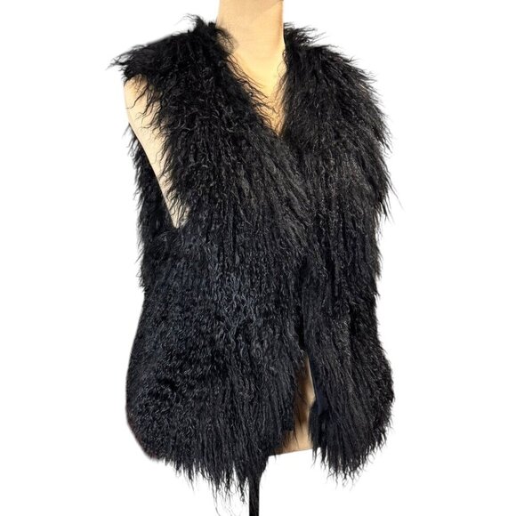 VTG Mongolian Lamb Fur Vest Sz.S Black Sheepskin Shearling Boho Luxury - Picture 1 of 15
